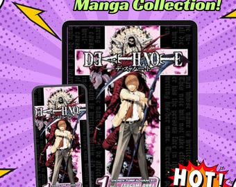 Op de afbeelding: Digitale Manga Collectie! De afbeelding toont een tablet en een smartphone met de cover van de Death Note manga. De illustratie toont een personage met een zeis, met de titel in het Japans. Een "HOT!" sticker staat in de hoek.