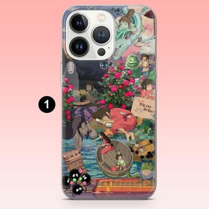 May include: Clear phone case featuring a collage of scenes and characters from the animated film, Spirited Away. The design includes images of characters, flowers, and Japanese text. The case is designed to fit a smartphone.