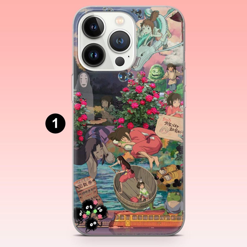May include: Clear phone case featuring a collage of scenes and characters from the animated film, Spirited Away. The design includes images of characters, flowers, and Japanese text. The case is designed to fit a smartphone.