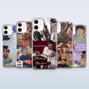 May include: Five clear phone cases with collage designs. Each case features images of a young man, with text elements including "Malachi Barton," "I love you," and various phrases. The cases have a glossy finish.