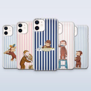 May include: A collection of phone cases featuring the Curious George character. Each case has a different design, including striped patterns and illustrations of George in various activities, such as eating and brushing his teeth.
