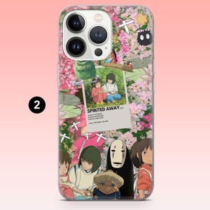 May include: Clear phone case featuring a collage of images and illustrations from the animated film "Spirited Away." The design includes floral elements, character art, and the film's title. The case is designed to fit a smartphone.