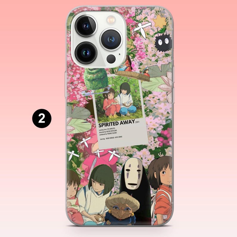 May include: Clear phone case featuring a collage of images and illustrations from the animated film "Spirited Away." The design includes floral elements, character art, and the film's title. The case is designed to fit a smartphone.