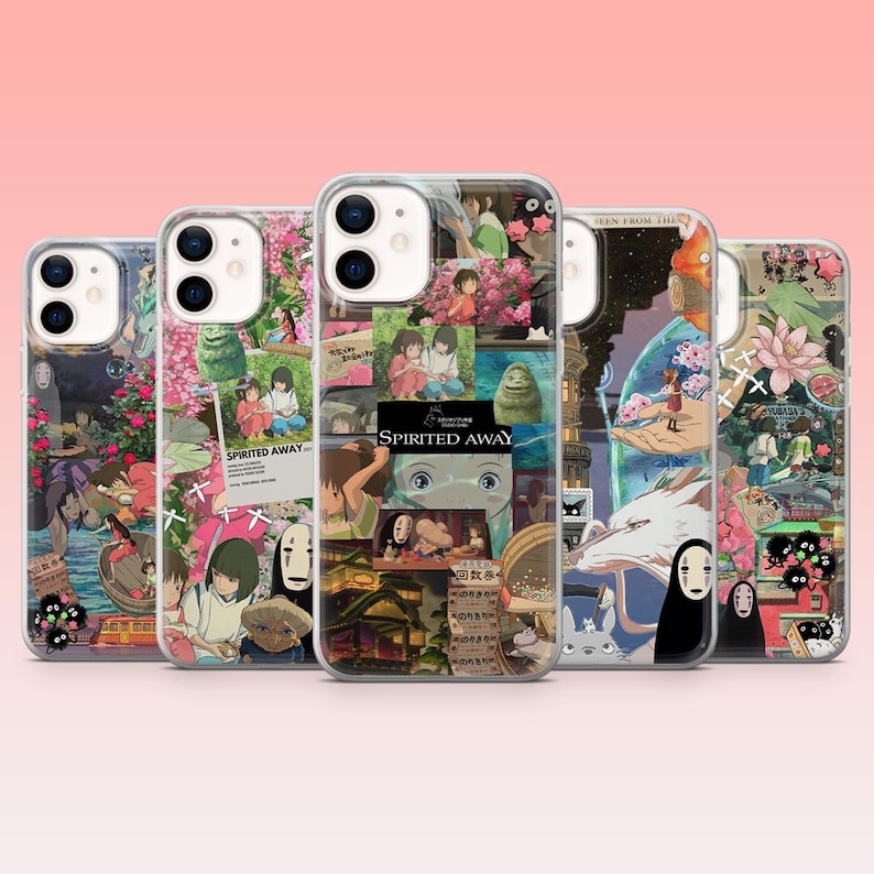 May include: A collection of five clear phone cases featuring colorful collages of scenes and characters from the animated film "Spirited Away." Each case showcases a unique design with various images and the film's title.
