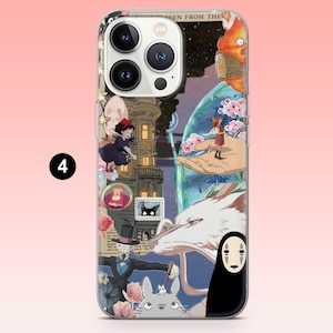May include: Clear phone case featuring a collage of anime characters and scenes. The design includes a white wolf, a figure in a black cloak, and a girl standing on a hand. The case has a pink background and a black number 4.