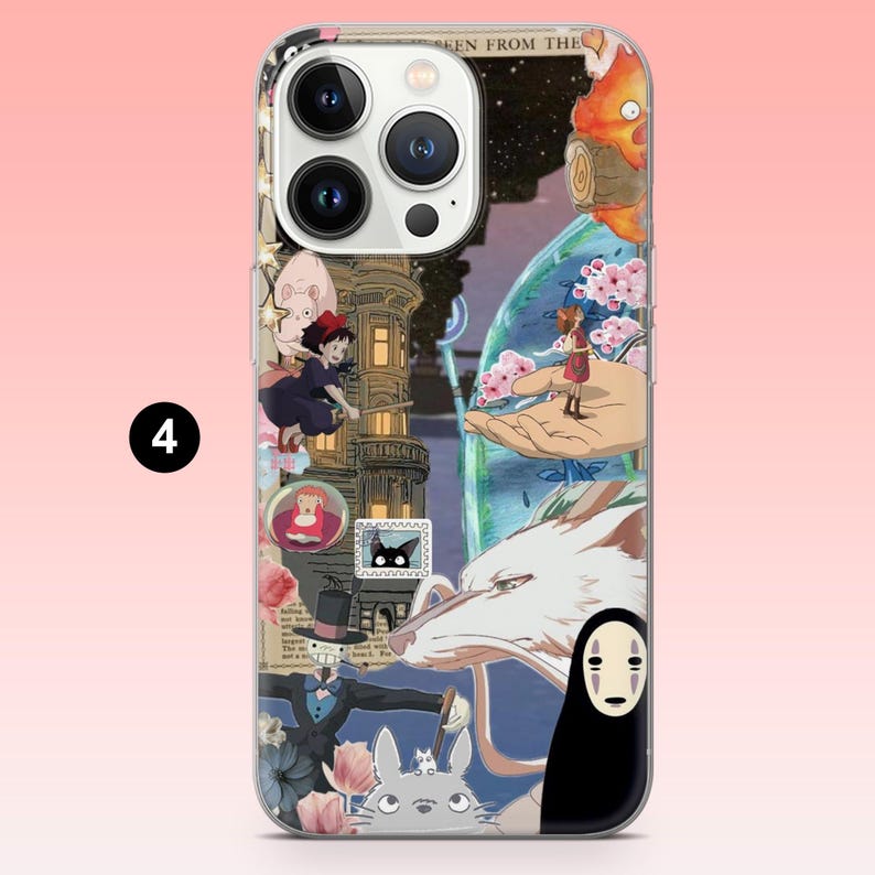 May include: Clear phone case featuring a collage of anime characters and scenes. The design includes a white wolf, a figure in a black cloak, and a girl standing on a hand. The case has a pink background and a black number 4.
