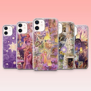 Könnte beinhalten: Eine Sammlung von fünf transparenten Handyhüllen mit verschiedenen Designs, die von dem Film "Rapunzel" inspiriert sind. Die Hüllen zeigen Bilder von Rapunzel, Laternen und floralen Elementen in Lila, Gelb und Rosa.