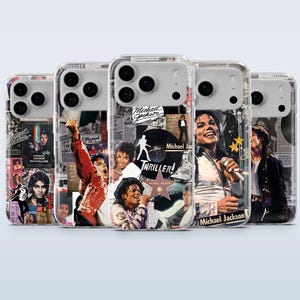 May include: Clear phone cases with collage designs featuring images of Michael Jackson. The cases display various photos, album art, and the text "Thriller!" and "Michael Jackson". The cases are designed to fit a smartphone.