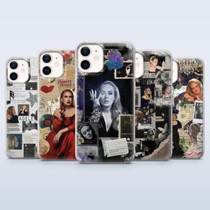 May include: A collection of five clear phone cases featuring collages of images of Adele. Each case has a different design, including photos, text, and decorative elements. The cases are designed to fit various phone models.