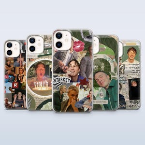 Puede incluir: Un conjunto de cinco fundas transparentes para teléfono con diseños de collage. Cada funda presenta una disposición única de imágenes, incluyendo retratos, texto y elementos decorativos. Los diseños incorporan varios colores y texturas.