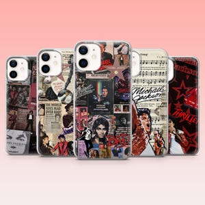May include: Five phone cases with designs dedicated to Michael Jackson. The cases showcase images of the singer, album covers, and song lyrics. The colour scheme includes black, red, and white.