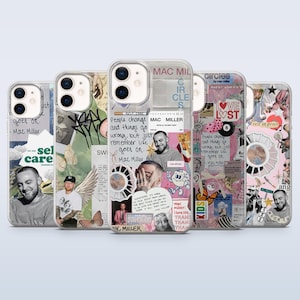 Może przedstawiać: Kolekcja przezroczystych etui na telefony z kolażowymi wzorami z wizerunkami Mac Millera, motyli i tekstu. Etui mają różne tła, w tym różowe, białe i wycinki z gazet. Tekst zawiera "Circles", "Love Lost" i "Self Care".