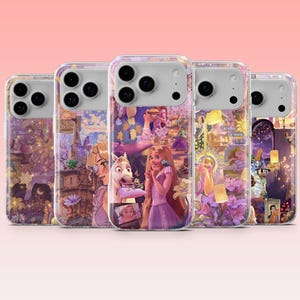 May include: Five clear phone cases with colorful designs featuring a princess theme. The cases showcase images of a princess, a horse, and other characters. The cases have a glossy finish and are arranged in a row.