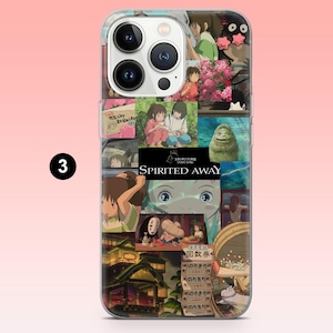 May include: Clear phone case featuring a collage of images from the animated film "Spirited Away." The design includes characters, scenes, and the film's title. The case has a glossy finish and a camera cutout.