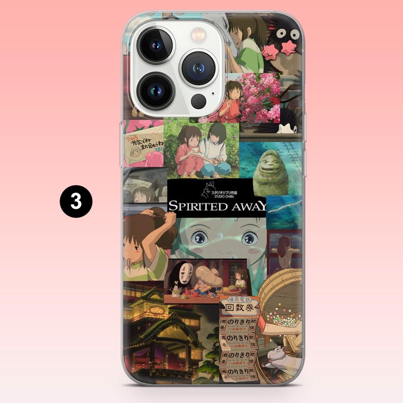 May include: Clear phone case featuring a collage of images from the animated film "Spirited Away." The design includes characters, scenes, and the film's title. The case has a glossy finish and a camera cutout.