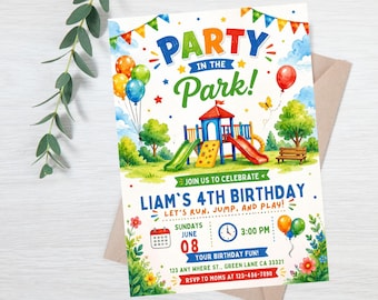 Invito di compleanno al parco giochi, Invito per festa di compleanno all'aperto al parco, Invito per parco giochi per bambini, Download digitale modificabile da Canva