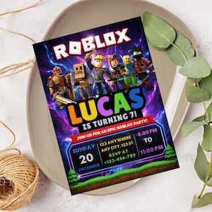 May include: A colorful Roblox-themed birthday party invitation. The invitation features the Roblox logo, character illustrations, and the text "Lucas is turning 7!" with party details including date, time, and location.