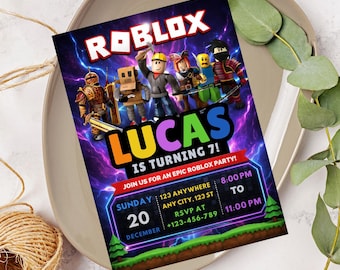 Roblox Geburtstagseinladung, Roblox einladen, bearbeitbare Party einladen, druckbare Canva Vorlage