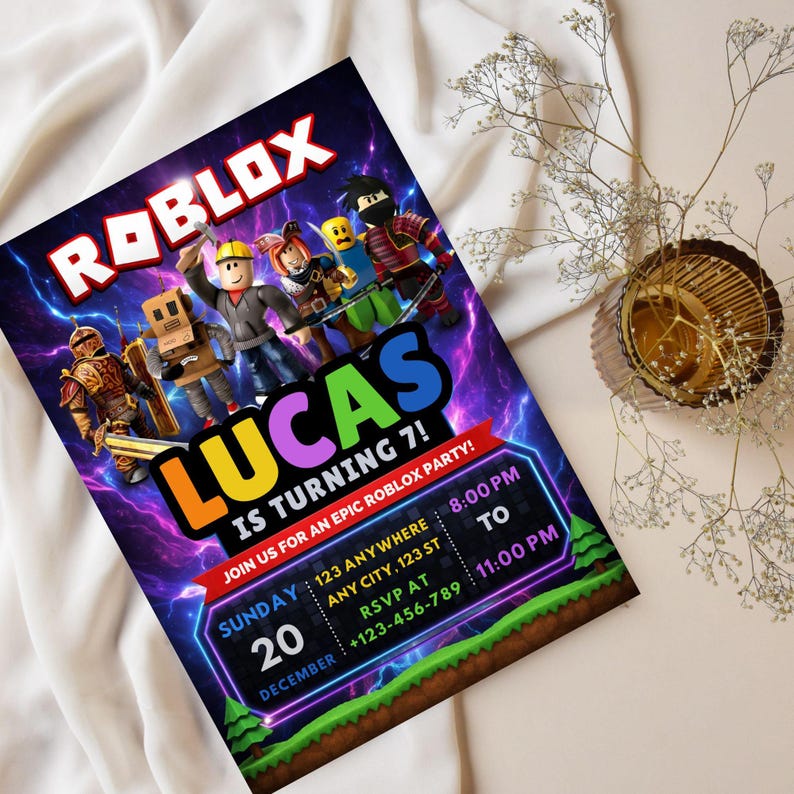 Invito di compleanno Roblox, invito Roblox, invito per feste modificabile, modello Canva stampabile immagine 3