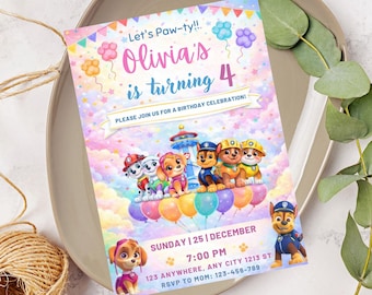 Modello di invito di compleanno a tema cuccioli modificabile, invito per feste per bambini, compleanno a tema cuccioli di Puppy Patrol per bambini e bambine, modello digitale scaricabile da Canva.