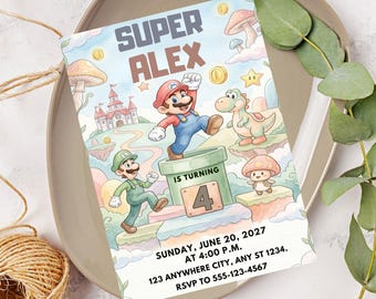 Editable Watercolor Super Mario Birthday Invitation, Printable mario Boy Girl Birthday Invite, Modern Mario Bross Game Invitation Canva