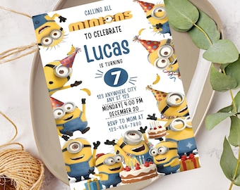 Modello modificabile per invito alla festa di compleanno dei Minions per bambini, modello per invito alla festa dei Minions per bambini, invito alla festa di compleanno per bambini