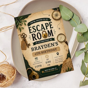 May include: An Escape Room invitation with a vintage map design. The invitation includes a key, compass, and magnifying glass. The text reads "You're invited to an Escape Room in celebration of Brayden's 6th Birthday."