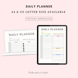 May include: A digital daily planner displayed on a laptop and tablet. The planner includes sections for date, mood, water intake, to-do lists, and daily notes. Text on the image reads "DAILY PLANNER" and "A4 & US LETTER SIZE AVAILABLE."
