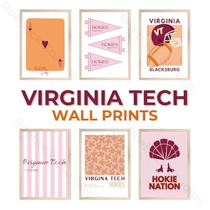 May include: Collection of Virginia Tech wall art prints in wooden frames. Designs include a playing card, pennants, a football, striped pattern, a pattern of turkey feet, and a turkey graphic. The text includes "Hokies" and "Hokie Nation".