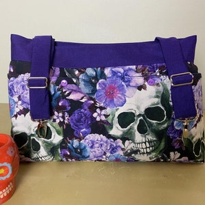 Powerchair bag, Wheelchair purse, Walker Organizer, Wheel Chair Accessory - Bold Sugar Skull print in shades of Blue and Purple.