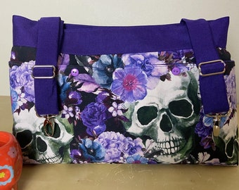 Powerchair bag, Wheelchair purse, Walker Organizer, Wheel Chair Accessory - Bold Sugar Skull print in shades of Blue and Purple.