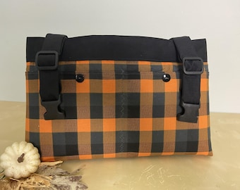 Powerchair bag, Wheelchair purse. walker organizer, wheel chair accessory: Say "Hello" to Fall" with an orange, gray and black plaid bag.