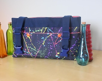 powerchair bag, wheelchair purse, walker organizer, wheelchair accessory - Fun spatter paint print in Navy Blue with a peach lining.