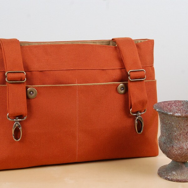 powerchair bag, wheelchair purse, walker organizer, wheel chair accessory - Burnt Orange Bag with a taupe lining and brushed nickel accents.