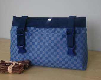 Powerchair bag, Wheelchair purse, Walker organizer, Wheel chair accessory: Fun denim print bag with navy blue cordura lining.