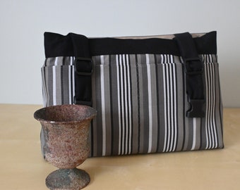 Powerchair bag, Wheelchair purse. walker organizer - Black, tan, gray and white striped bag.