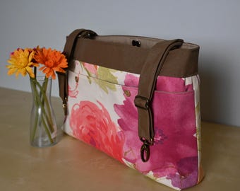Powerchair bag, Wheelchair purse. walker organizer, wheel chair accessory:  Soft Floral bag with a khaki colored lining.