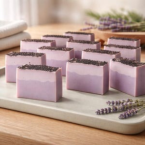 Puede incluir: Una colección de pastillas de jabón rectangulares dispuestas en una bandeja. Cada pastilla presenta un diseño bicolor en violeta claro con una base violeta oscura y una capa superior más clara, rematada con partículas botánicas marrones.