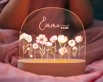 Lámpara LED personalizada de madera de haya para habitación infantil, luz nocturna floral, regalo para niña
