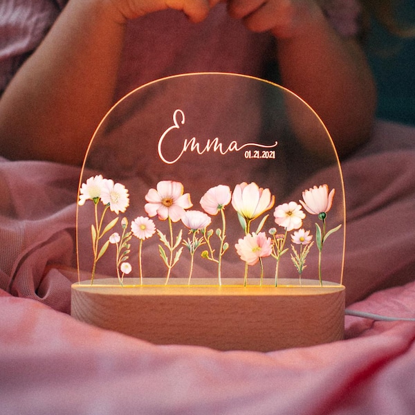 Personalized Beechwood LED Nursery Lamp, Floral Night Light, Baby Girl Gift
