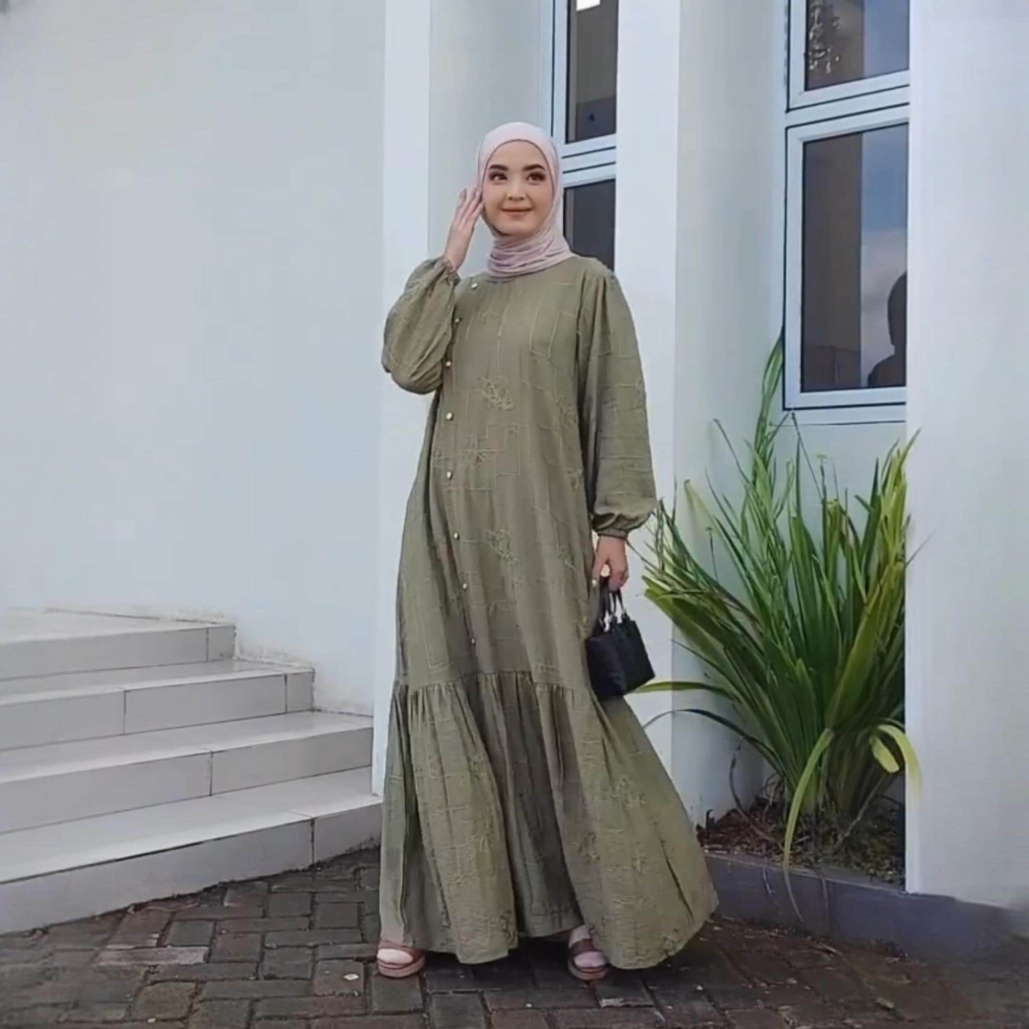 Elegant Womens Muslim Abaya Dress | Ied Celebration Islamic Modest Prayer Clothes | Ramadhan Robe Gamis One Size Big | MJOliveGreen