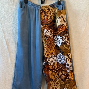 Fashion Denim Batik Patch Printed Ankle Pants Wide Leg Palazzo L Size Unisex