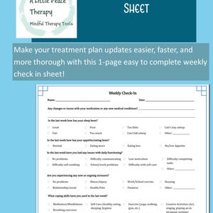 Puede incluir: Una hoja de registro semanal turquesa y blanca para clientes de terapia. La hoja incluye secciones para el sueño, el apetito, el funcionamiento diario, los factores de estrés, las habilidades de afrontamiento y los cambios de medicación. La parte superior de la hoja tiene el texto "Client Weekly Check In Sheet".