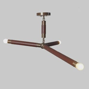 Leather & Raw Brass Sputnik Chandelier - Mid Century Modern Linear Light Pendant Flush Mount Statement Lighting for Dining Room Hallway