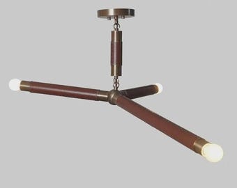 Leather & Raw Brass Sputnik Chandelier - Mid Century Modern Linear Light Pendant Flush Mount Statement Lighting for Dining Room Hallway
