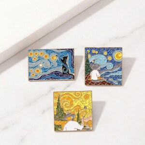 Van Gogh Inspired Enamel Pin Set, Starry Night Brooch, Art Lover Lapel Pin, Cat Rabbit Landscape Badge, Museum Gift for Readers