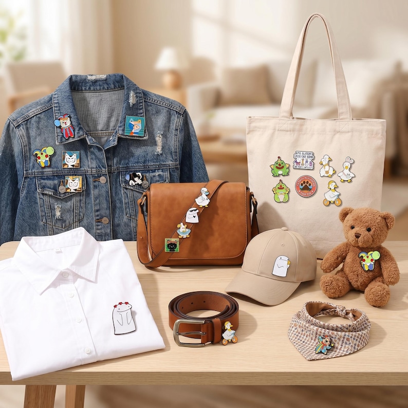 May include: A collection of accessories including a denim jacket, tote bag, purse, hat, shirt, belt, and teddy bear. Each item features colorful cartoon pins. The items are arranged on a wooden table.