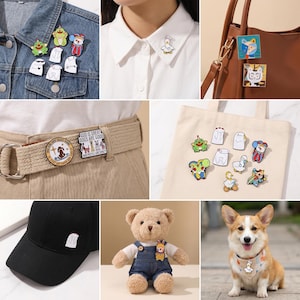 May include: A collection of colorful enamel pins featuring various cartoon characters and designs. Pins are attached to a denim jacket, tote bag, belt, hat, and a teddy bear. Some pins have the text "GOD IS GREAT DOGS ARE GOOD AND PEOPLE ARE SPICY".