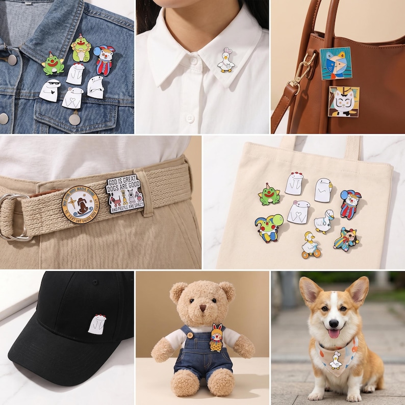 May include: A collection of colorful enamel pins featuring various cartoon characters and designs. Pins are attached to a denim jacket, tote bag, belt, hat, and a teddy bear. Some pins have the text "GOD IS GREAT DOGS ARE GOOD AND PEOPLE ARE SPICY".