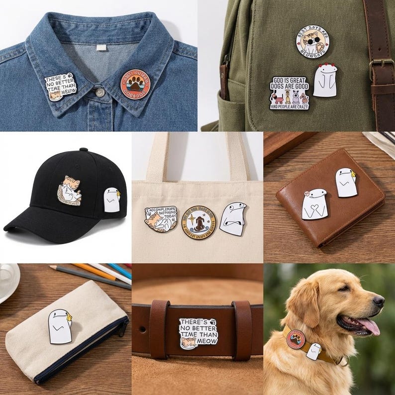 May include: A collection of pins and patches with various designs. Some pins feature cats, dogs, and humorous text. The items are displayed on a denim shirt, backpack, baseball cap, tote bag, wallet, pencil case, belt, and a dog's collar.